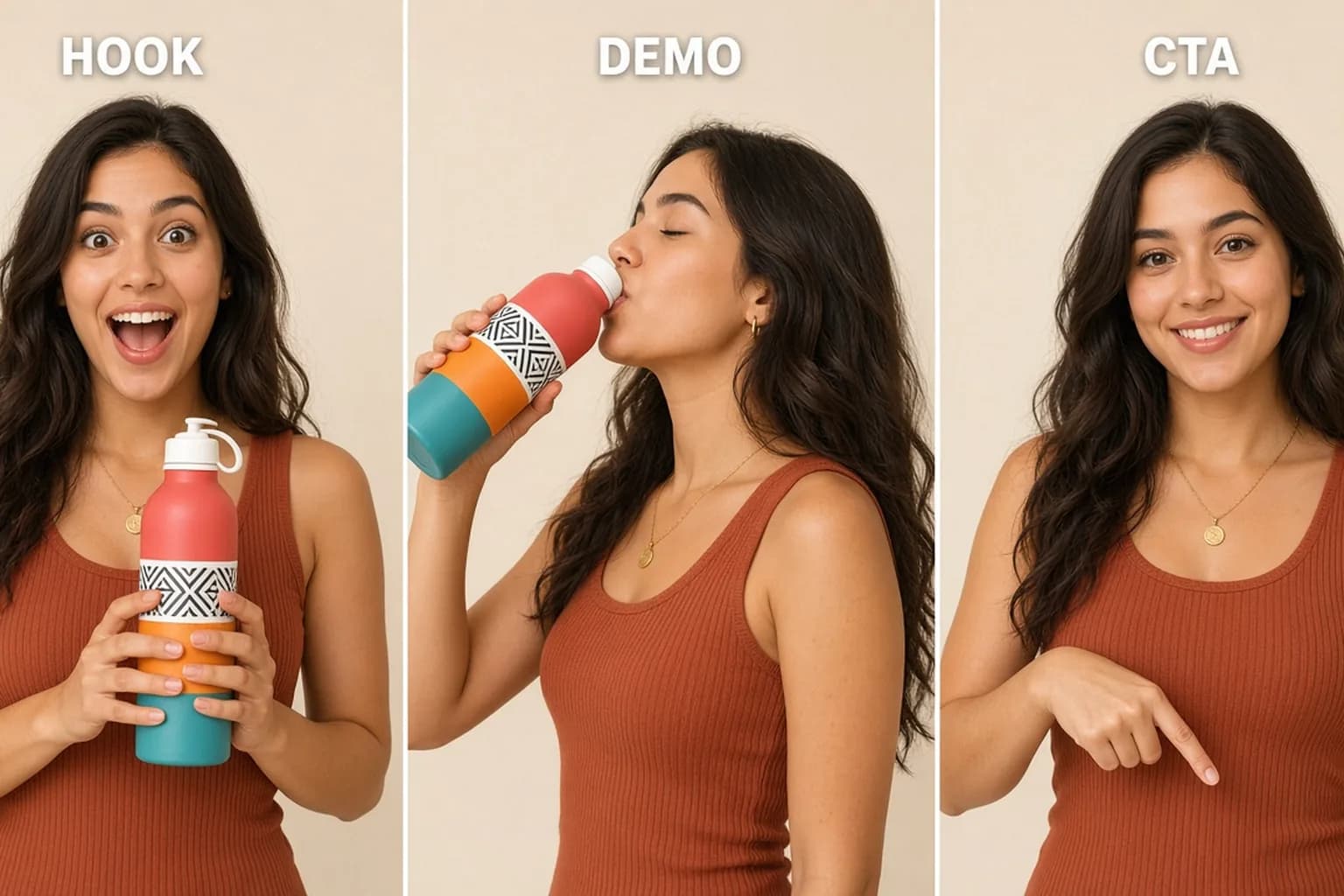 Same creator and product look consistent across vertical ad frames