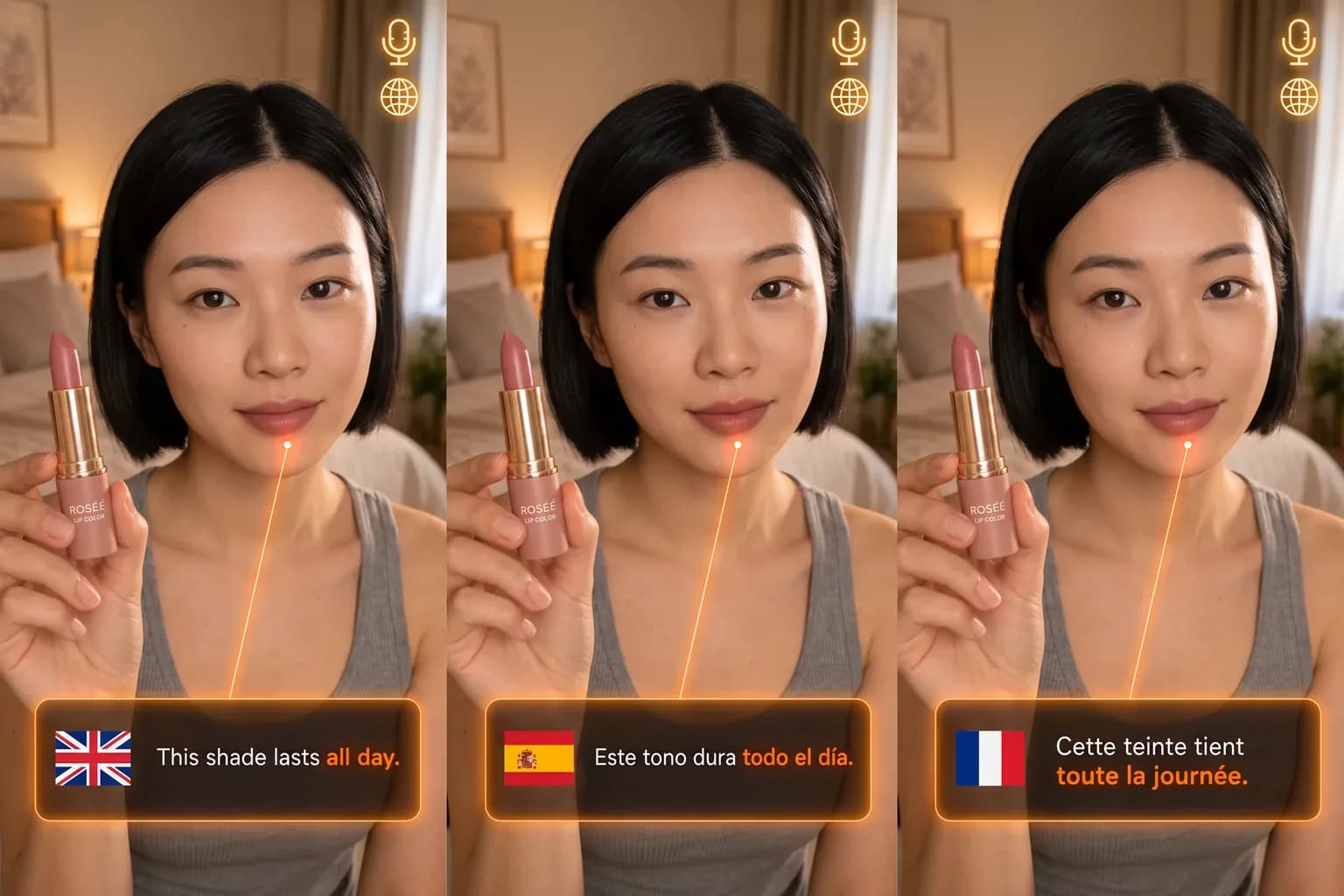 Creator promoting lipstick with the same product line localized into Arabic, Mandarin, English, Spanish, Indonesian, Malay, Thai, Vietnamese, French, German, Italian, Japanese, Korean, Portuguese, or Russian captions