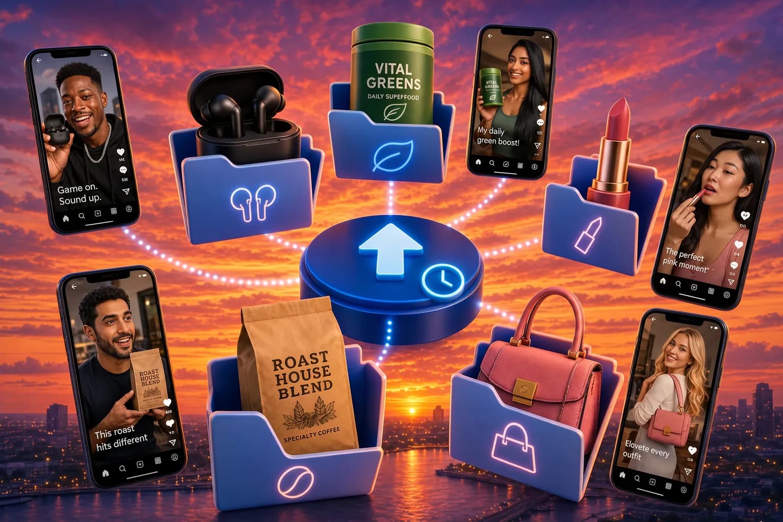 Product photos and vertical ad reels organized in campaign folders