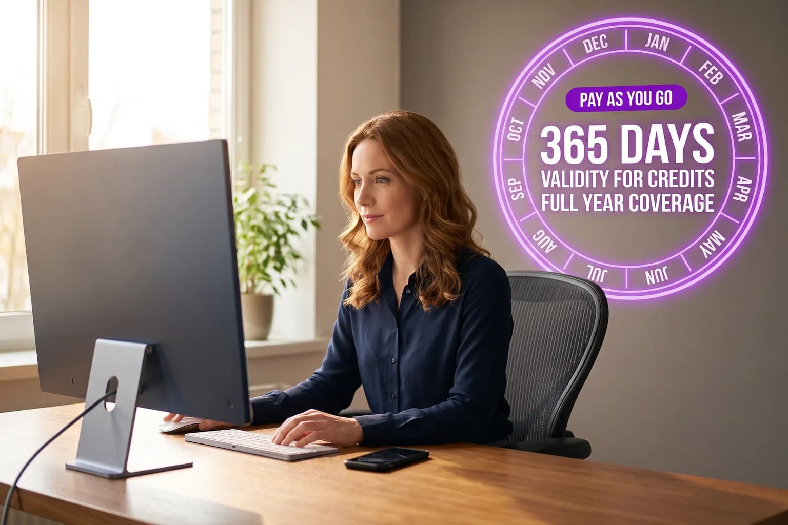 Creator at a home-office desk viewed from behind, focused on video creation on her computer; a glowing Pay as you go 365-day month-ring credit hologram floats beside the monitor