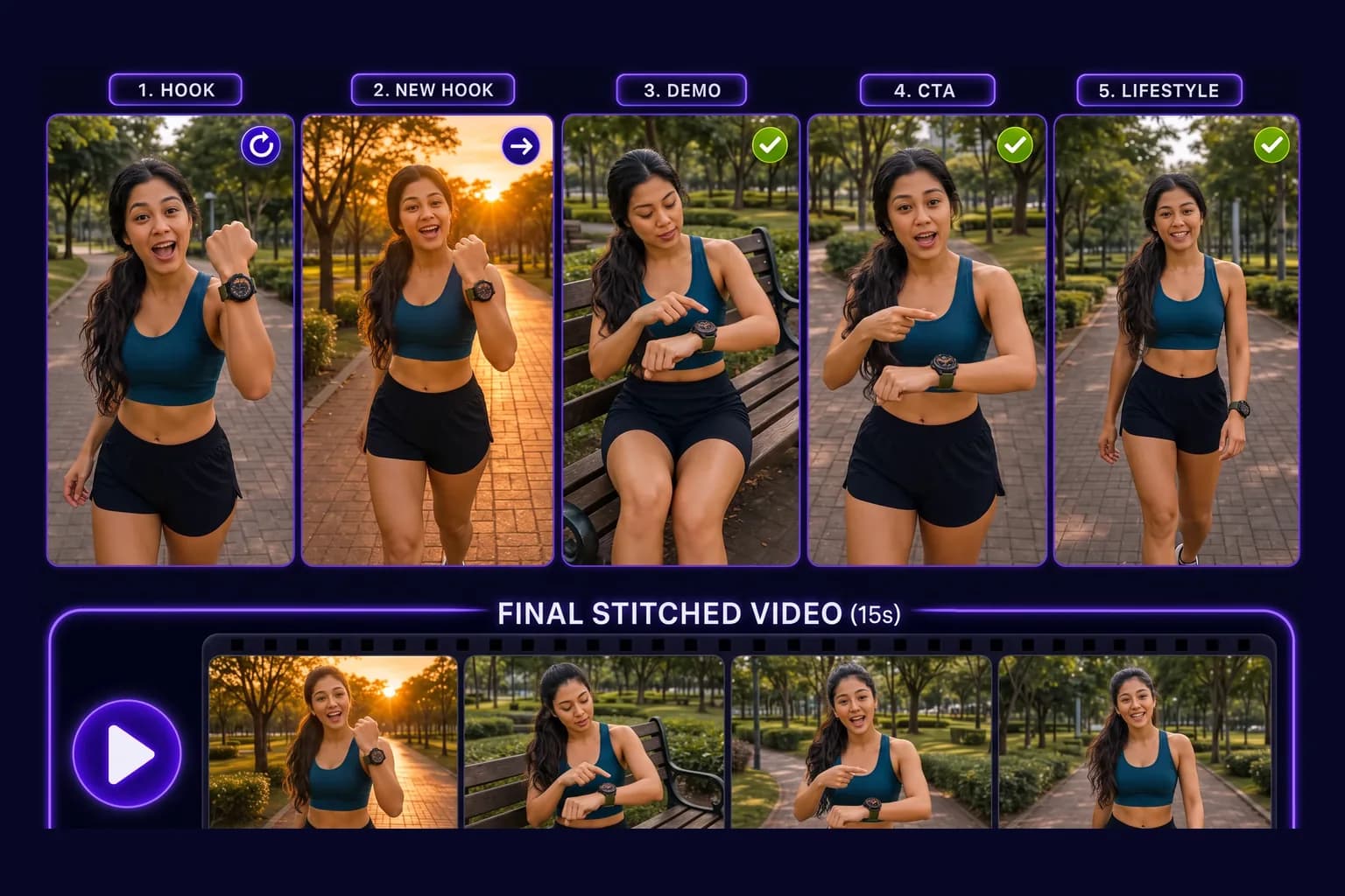Thai creator walks, stands, or sits in a regular Bangkok jogging park while a companion films her promoting a CrossBeats rugged smartwatch; no waterfall, handheld side-angle UGC; demo gaze on the watch; new sunset Hook in the stitched film strip