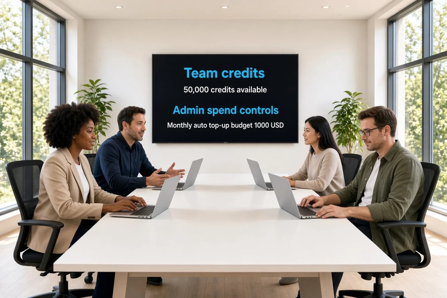 Four diverse team members collaborate at a long shared table in a modern office while a wall TV clearly shows the shared team credit balance and a 1000 USD monthly auto top-up budget